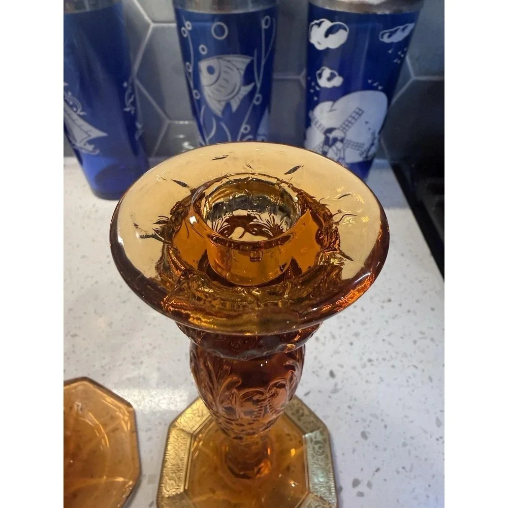 McKee Rock Crystal Amber Tall Single Candle Stick Holders EAPG Depression Glass